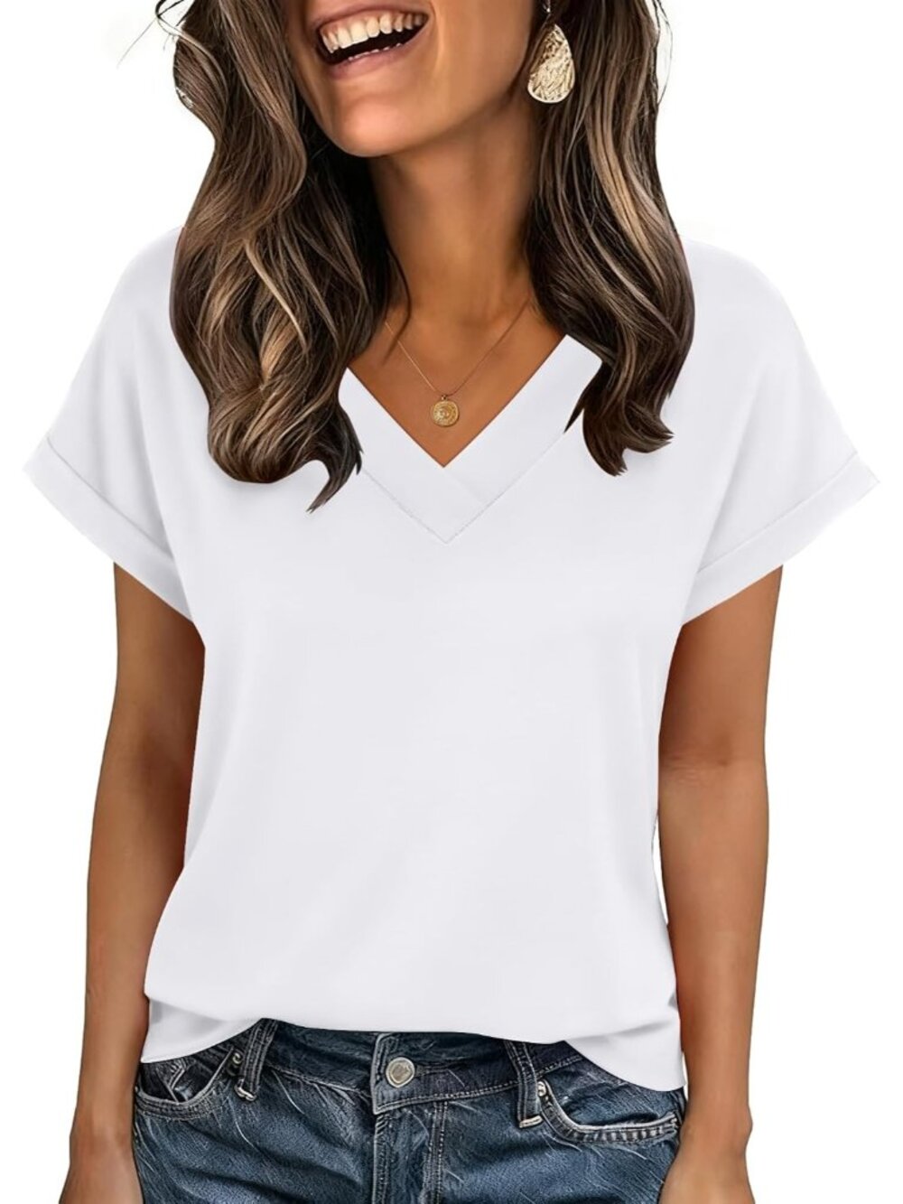 Women's White Short Sleeve V Neck Basic Tees Shirts Casual Tops Blouses